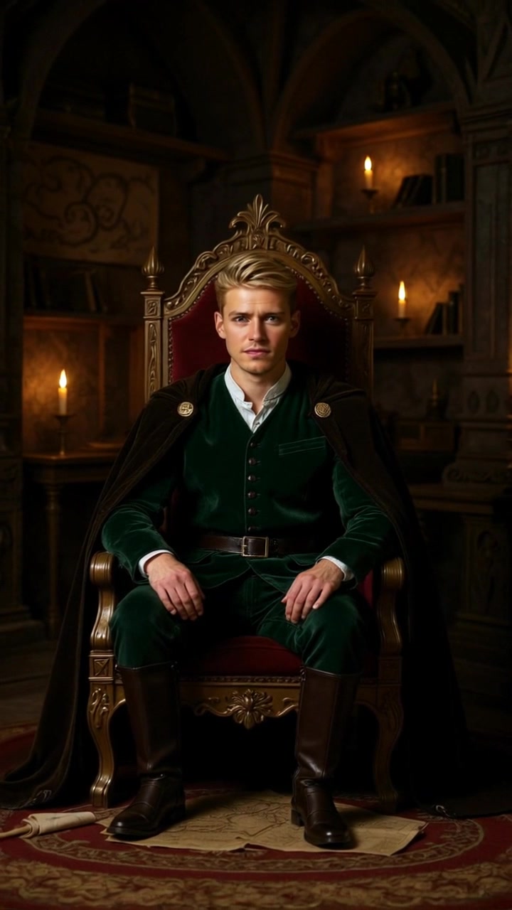 Scene: A grand throne room in a castle, featuring an ornate throne, elaborate decorations, and dramatic high ceilings. Lighting: Soft, warm candlelight illuminating the room, creating a regal yet solemn atmosphere as King Ryan sits with a weary expression. Motion: The camera begins with a close-up of the throne, smoothly pulling back to reveal the grandeur of the room, with subtle panning to capture the intricate details of the decorations.