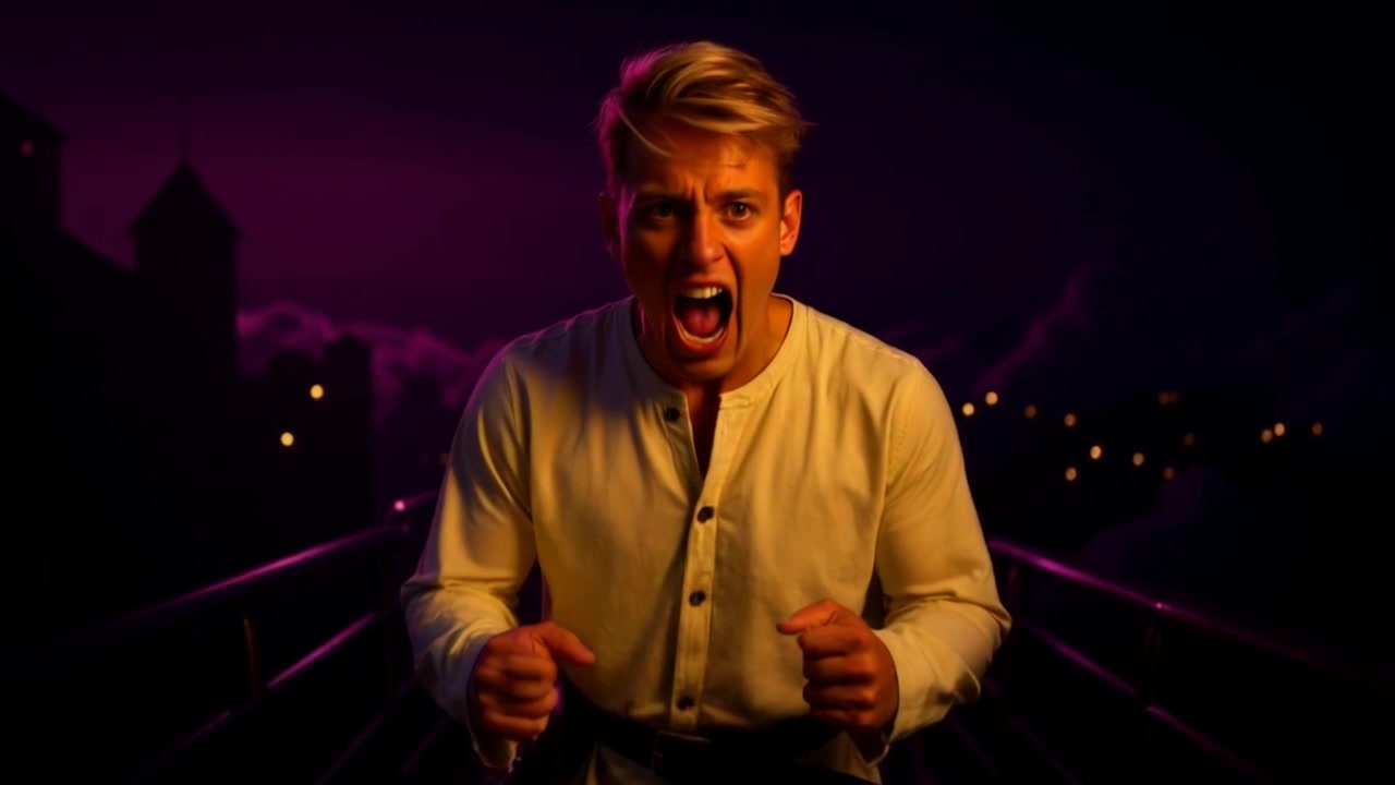 Subject: A person expressing intense frustration in a dimly lit room. Subject movement: The person stands rigidly, shouting with clenched fists, their face contorted with emotion. Scene: A shadowy, cluttered room creating an atmosphere of tension and conflict. Style: Low, moody lighting highlighting the person's strained features against the backdrop of indistinct objects. Motion: The camera slowly pushes in on the person's face, capturing the raw emotion as their voice echoes off the walls, enhancing the dramatic intensity of the moment.