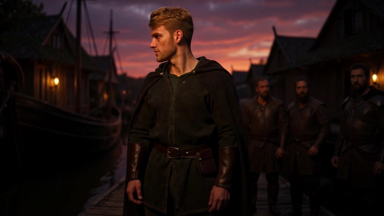 Subject: A person standing on the dock with a proud expression. Subject movement: The person turns slightly to look back at the boat, establishing a sense of connection with it. Scene: A wooden dock extending over calm waters, with a boat gently bobbing in the distance. Style: Soft evening light reflecting off the water, creating a warm, inviting atmosphere. Motion: The camera performs a slow, smooth push-in towards the person as they gaze at the boat, capturing the serenity of the moment.