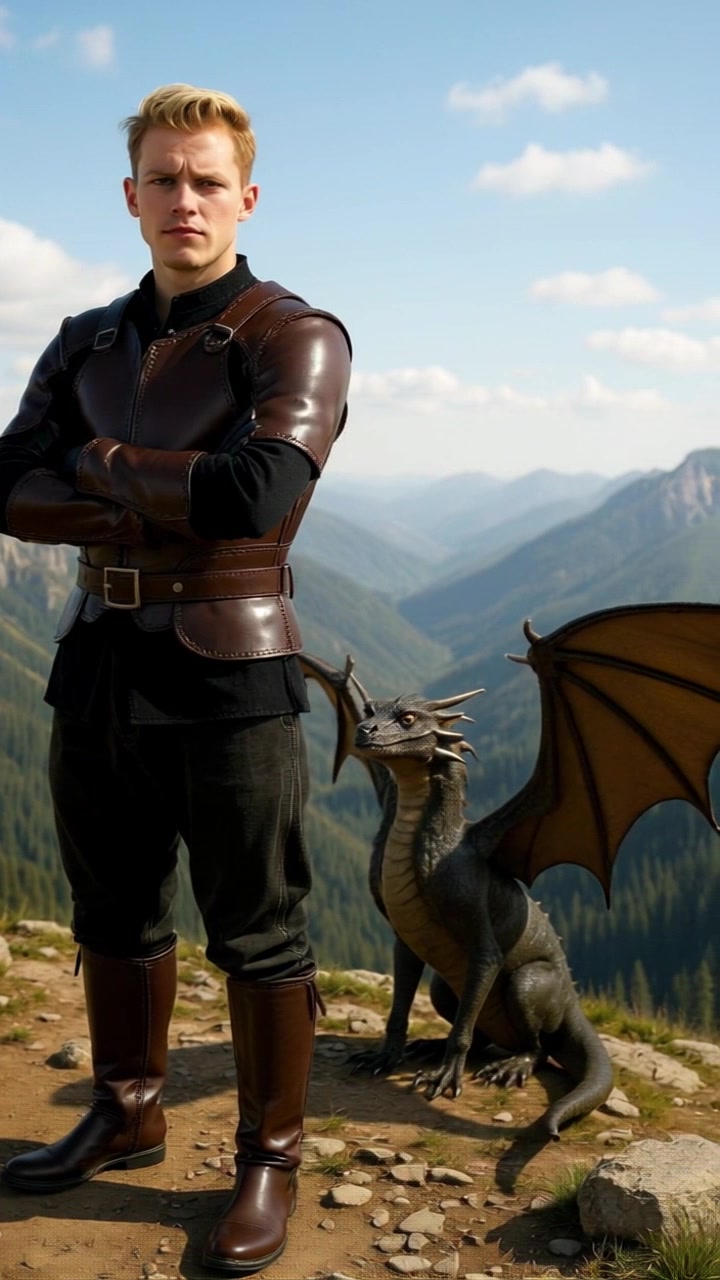 Subject: A young man dressed in medieval brown leather armor stands confidently with arms crossed beside a small dragon on a rocky mountain path. Scene: A scenic, rugged mountain trail flanked by lush forested peaks under a bright blue sky dotted with fluffy clouds. Motion: The camera pans slowly from left to right, capturing the majestic landscape and the unique duo, with warm sunlight illuminating the scene, creating an adventurous and inviting atmosphere.