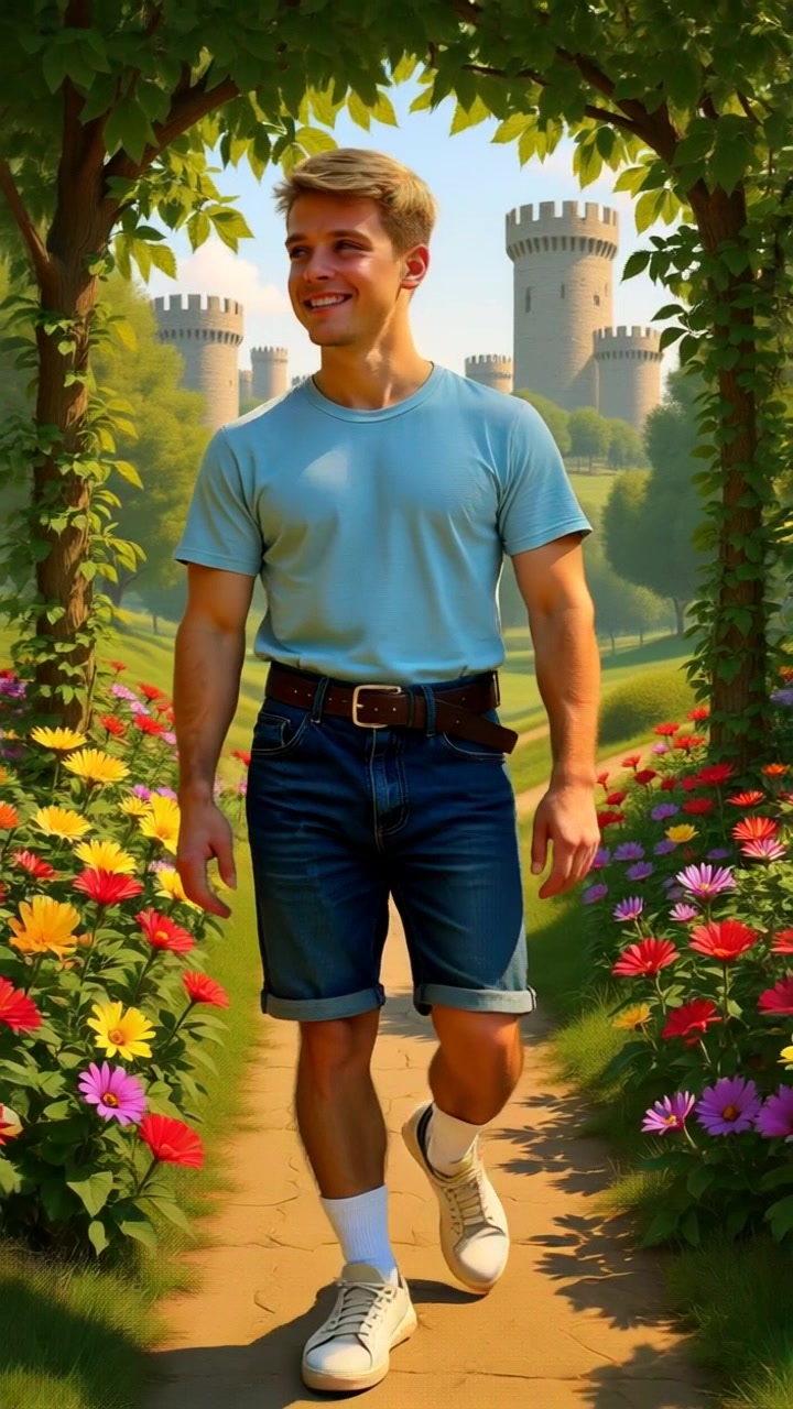 Subject: A person walking through a lush garden filled with colorful flowers and greenery. Subject movement: The person strolls leisurely along a winding path, taking in the vibrant scenery. Scene: A vibrant garden brimming with a variety of flowers and lush greenery, captured under the warm embrace of sunlight. Style: Morning light illuminating the colorful blossoms, creating an inviting and cheerful atmosphere. Motion: The camera follows closely alongside, gently panning to capture the delightful details of the garden while maintaining focus on the person's joyful exploration.