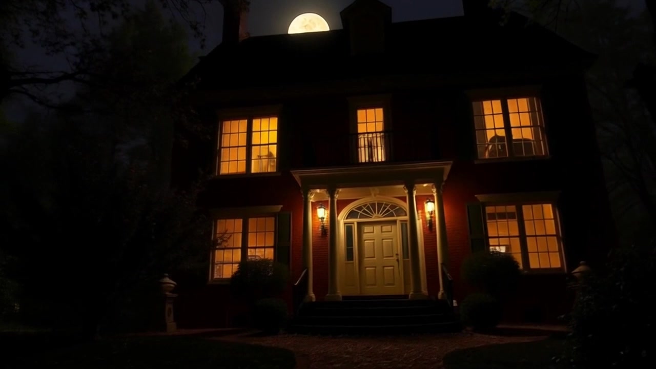Scene: An old mansion shrouded in darkness, illuminated by the ghostly glow of the full moon, casting long shadows that stretch across the overgrown garden. Style: Moody night lighting, with sharp contrasts emphasizing the mansion's architectural details and the creeping shadows. Motion: The camera glides slowly towards the mansion, weaving through the tangled brush, creating an eerie atmosphere as branches sway in the wind, evoking a sense of alertness.