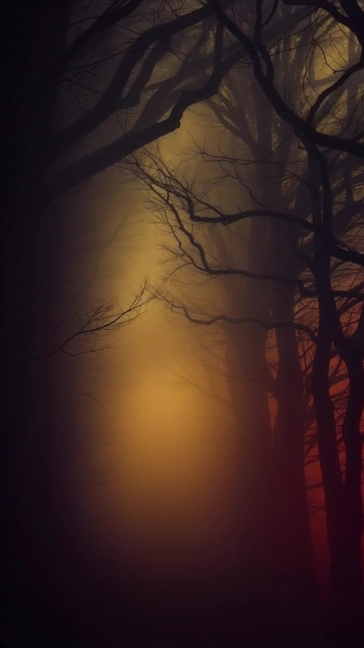 Scene: A misty forest path shrouded in fog, with dark, twisted trees lining the sides. Style: Soft, diffused lighting enhances the mysterious atmosphere, creating an eerie, enchanting effect. Motion: Camera glides smoothly along the winding path, weaving through the trees, with the fog rolling in, adding depth to the scene.
