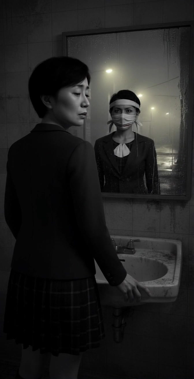 Subject: A woman in a dark blazer and skirt glances nervously over her shoulder in front of a grimy bathroom sink. Scene: Dimly lit bathroom, a foggy, ominous street visible through the mirror, with a ghostly masked figure reflected behind her. Style: Low key, moody lighting enhances the tension, creating an eerie atmosphere. Motion: The camera performs a slow 360-degree pan around the woman, intensifying the suspense as the reflection of the ghostly figure subtly shifts in the background.