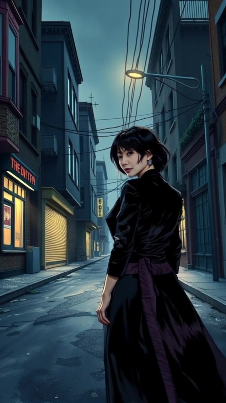 Subject: A young woman named Li standing alone on a deserted street. Subject movement: She looks over her shoulder, a slight shift in her stance as she surveys the quiet surroundings. Scene: An empty street at dusk, the remnants of the day fading as shadows stretch across the pavement. Style: Soft, ambient lighting with hints of twilight casting a serene yet eerie atmosphere. Motion: The camera slowly pushes in, centering on Li as the street fades into indistinct blurs behind her, emphasizing her solitude in this haunting urban landscape.
