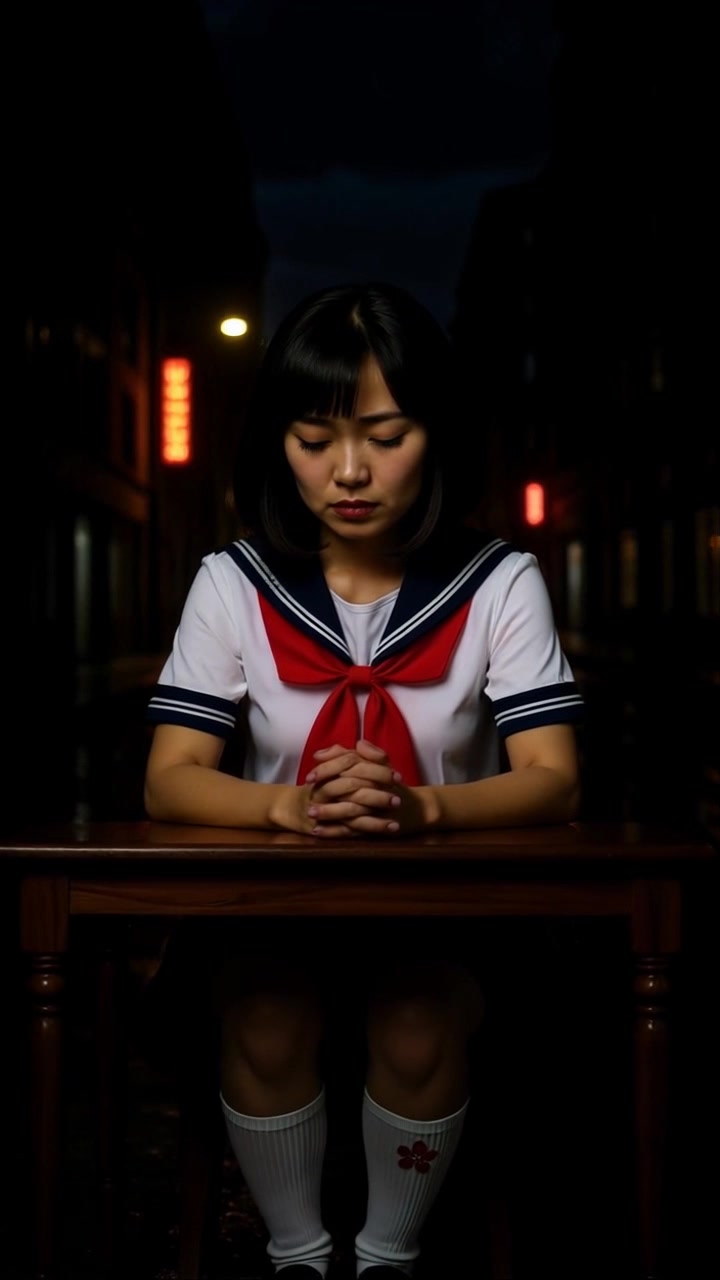 Scene: A young woman in a Japanese school uniform sits quietly at a wooden desk in a dimly lit street at night, her hands clasped and eyes closed, exuding a contemplative mood. Style: Soft, low-key lighting with shadows creating a moody atmosphere, accentuating the serenity of the scene. Motion: The camera slowly dolly-in towards her, capturing the introspective moment, with a gradual focus on her serene expression amidst the dark surroundings.