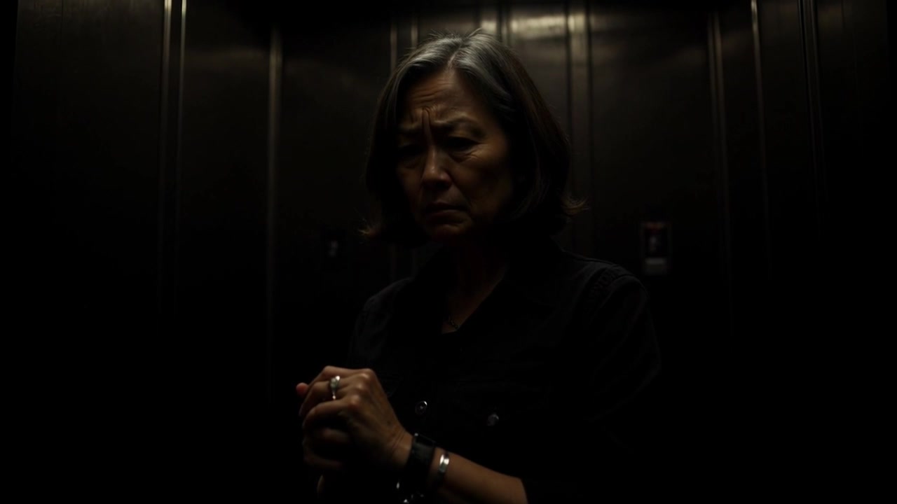 Subject: A middle-aged woman with short gray hair. Subject movement: She stands still in a dimly lit space, hands clasped tightly with a worried expression on her face. Scene: A shadowy, intimate room that evokes a sense of unease. Style: Low-light, moody atmosphere with soft spotlights illuminating her face, casting deep shadows. Motion: Camera slowly zooms in on her face, capturing the tension and emotion, as the light subtly shifts to emphasize her features.