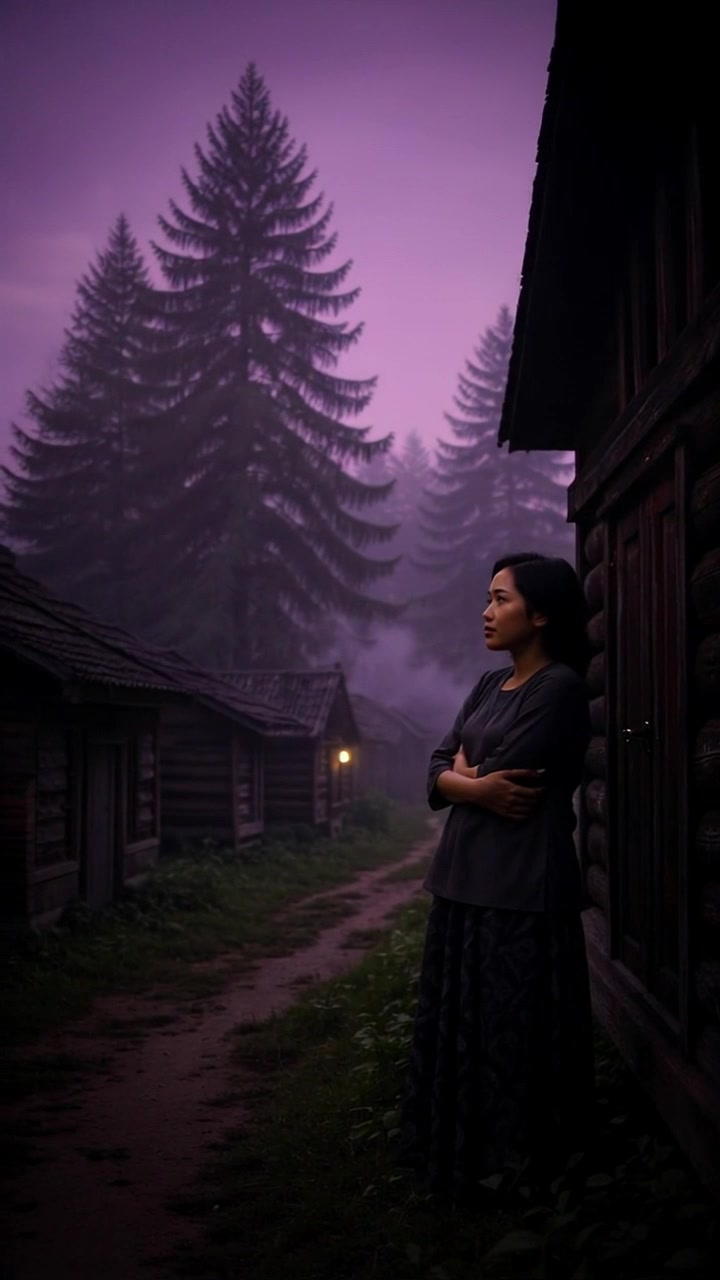 Subject: A young woman named Li standing pensively by her home in a quaint village, gazing thoughtfully at the nearby forest. Subject movement: She stands still, reflecting on her surroundings. Scene: A charming village setting with traditional homes and dense, lush forest in the background. Style: Soft morning light illuminating the scene with a golden hue, creating a tranquil atmosphere. Motion: The camera starts with a gentle flowing panorama, revealing Li in the foreground and slowly transitions to capture the expansive forest, enhancing her contemplative mood.