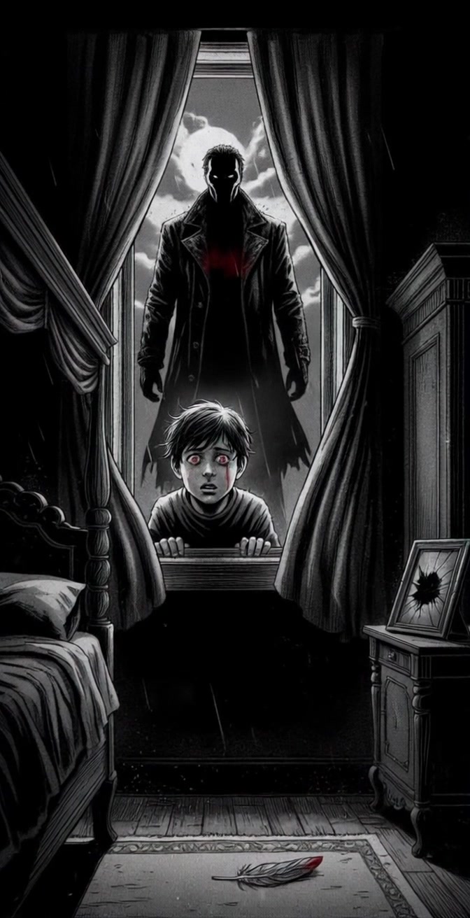 Scene: A dimly lit bedroom, heavy curtains framing a haunting night sky as a boy with red eyes stands at the windowsill, fear etched on his face, while a dark figure with glowing eyes looms ominously behind him. Style: Moonlit ambiance filters through the room, casting eerie shadows that accentuate the tension. Motion: Camera slowly zooms in on the boy's expression, capturing his tear as it glistens, then pans dramatically to reveal the menacing figure lurking in the darkness.