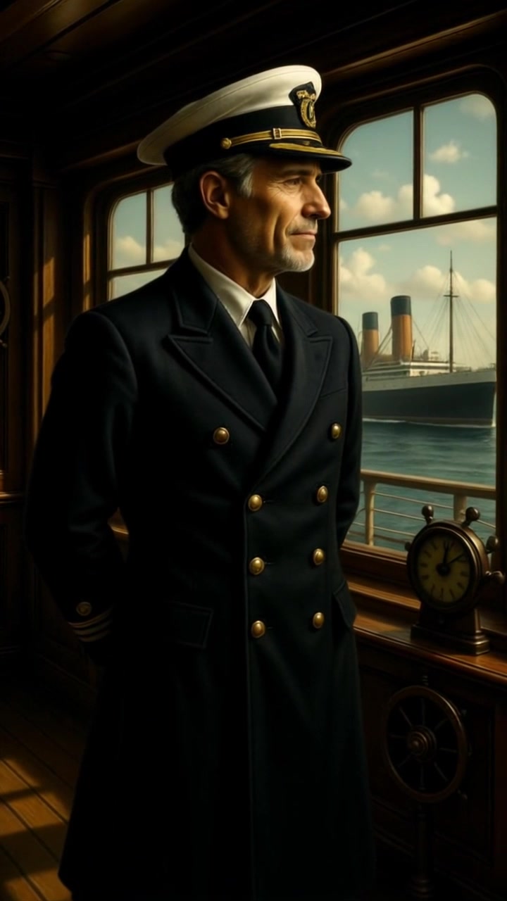Subject: A middle-aged male ship captain gazing out the window. Subject movement: The captain remains still, his gaze locked on the steamship in the distance. Scene: Inside a wooden ship cabin, with warm, rustic accents, the view revealing a large steamship navigating the sea beneath a partly cloudy sky. Style: Ambient lighting filtering through the cabin, creating a cozy atmosphere. Motion: Camera slowly pushes in towards the captain, capturing the details of his coat and expressions, revealing the vast ocean landscape outside as the shot widens.