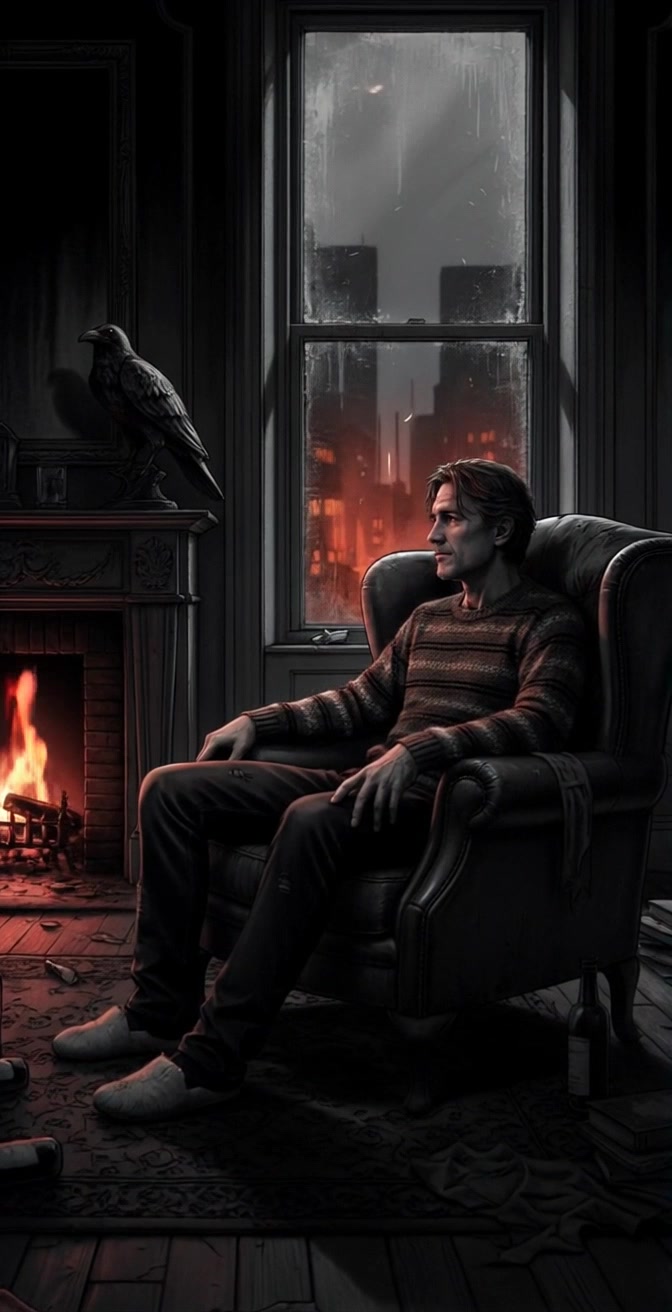 Scene: A man in a striped sweater sits pensively in an armchair beside a crackling fireplace, illuminated by the warm flicker of the flames. Style: Dim lighting creates a moody, introspective atmosphere, with city lights glowing softly through a foggy window behind him. Motion: The camera slowly pushes in, focusing on the man’s contemplative expression as the soft glow from the fire dances across his features, while the crow statue on the mantel stands vigilant in the background.