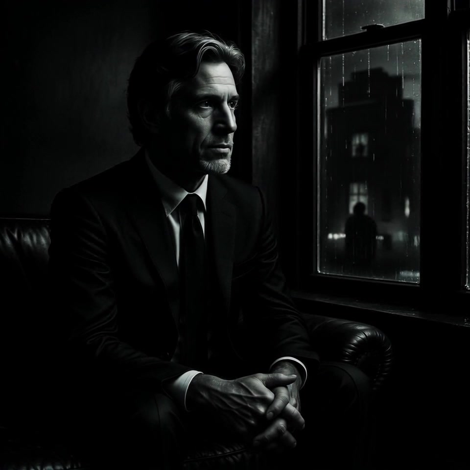 Subject: A middle-aged man in a black suit seated on a leather couch. Subject movement: He shifts slightly, his gaze lingering on the rain-streaked window. Scene: A dimly lit room, filled with shadows, where the man contemplates the silhouette of buildings outside. Style: Moody lighting enhances the atmosphere, emphasizing the rain on the window with soft reflections. Motion: Camera gently pans from his contemplative expression towards the window, capturing the ambiance of the night.