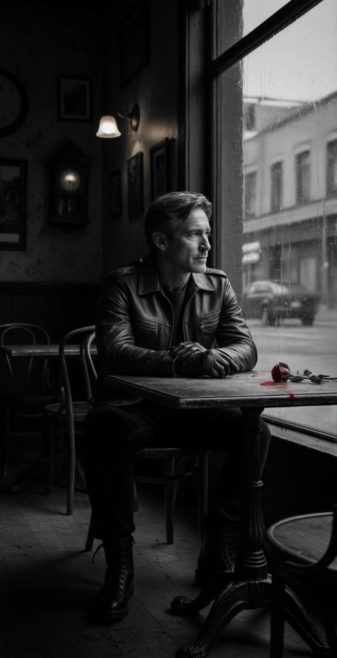 Scene: A man in a leather jacket sits alone at a table in a dimly lit cafe, gazing pensively out a rain-speckled window. Style: The black-and-white setting is accented by a vivid red rose on the table, providing a stark contrast with the muted colors around it. Motion: The camera slowly pushes in towards the man's contemplative expression, capturing the details of his profile against the backdrop of falling rain and dim cafe lights.