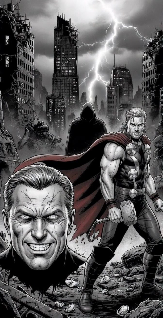Scene: A muscular superhero resembling Thor stands confidently amidst rubble in a devastated cityscape, gripping his hammer as a storm brews in the background. Style: Dramatic, dark lighting accentuates the intensity of the moment, with flashes of lightning illuminating the chaos around him. Motion: Camera slowly pushes in towards the hero from a low angle, capturing the menacing grin of a disembodied head in the foreground and the lurking hooded figure just behind.