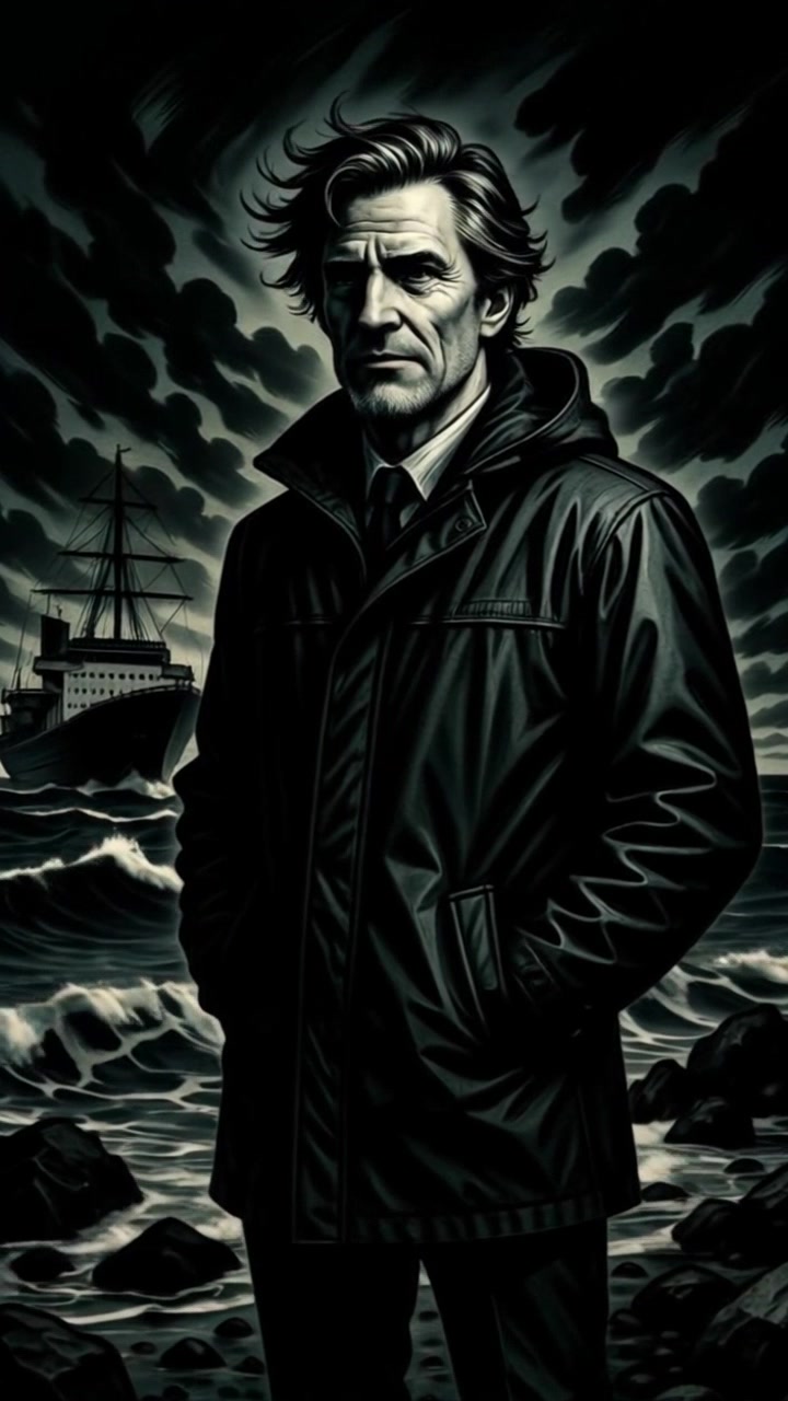 Subject: A somber man standing on rocky shores, windswept hair and serious expression, hands in pockets of his dark coat. Scene: Stormy sky looms overhead with a large ship battling rough waters in the background. Style: Moody lighting accentuates the dramatic atmosphere of the scene. Motion: The camera slowly pushes in towards the man, capturing the tension in his posture as waves crash on the rocks, emphasizing the chaos of the stormy seas behind him.