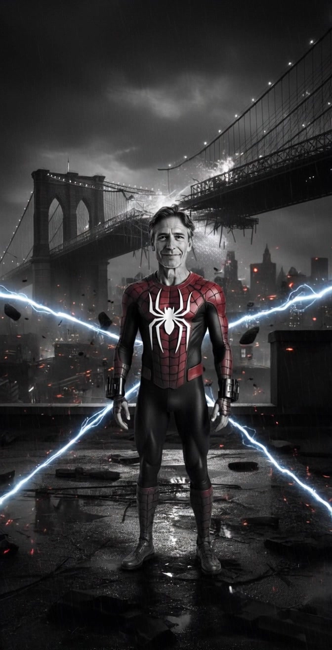 Subject: A man in a Spider-Man suit stands confidently on a rainy rooftop. Subject movement: He shifts his weight slightly, preparing to spring into action, with blue electrical sparks crackling around him. Scene: The dark city skyline looms in the background, with a broken bridge and floating debris adding drama to the environment. Lighting: Rain-soaked cityscape illuminated by the flicker of lightning, casting sporadic shimmering reflections. Motion: The camera performs a dynamic zoom out, capturing the full scene as the man prepares to leap into the stormy night.