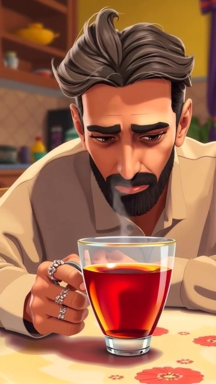 Scene: A warm, inviting kitchen with a rustic wooden table, where a figure sits deep in thought, eyes fixed on a steaming cup of tea. Style: Soft, ambient lighting filtering through a window, casting gentle shadows across the table. Motion: The camera slowly pushes in to capture the intricate details of the tea steam rising, with a slight focus shift from the cup to the figure's contemplative expression.