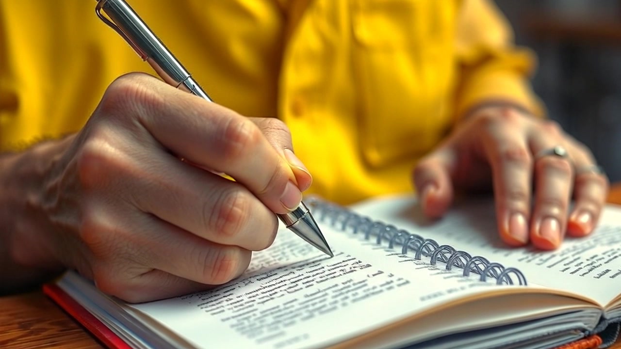 Scene: A close-up of hands holding a pen as they hover over a notebook filled with notes. Style: Soft, diffused lighting creating an intimate and focused atmosphere. Motion: The camera slowly pushes in on the notebook, capturing the soft movements of the pen as it glides across the paper, emphasizing the thoughtful process of note-taking.