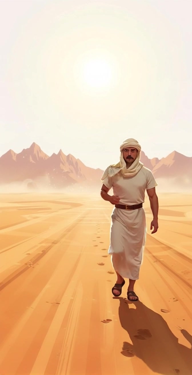 Subject: A man dressed in traditional desert attire. Subject movement: He walks steadily across a vast sunlit desert, each step leaving gentle impressions in the sand. Scene: Sweeping desert landscape with distant mountains under a bright blue sky. Style: Bright, natural sunlight illuminating the scene, casting soft shadows on the sand dunes. Motion: Camera follows the man with a smooth dolly shot, gradually pulling back to reveal the expanse of the desert around him.