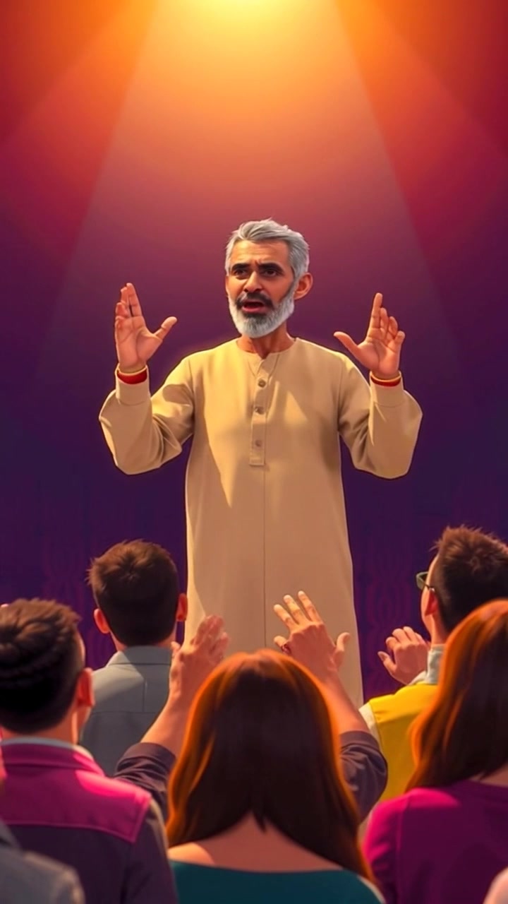 Subject: A charismatic speaker addressing a crowd. Subject movement: The speaker raises hands dramatically, gesturing passionately as he engages the audience. Scene: A packed auditorium filled with eager listeners, bright stage lights shining down on the speaker. Style: Bright, energetic lighting filling the stage with warmth and excitement, creating an inviting atmosphere. Motion: Camera performs a dynamic push-in towards the speaker, capturing the intensity of the moment, then slowly pans across the captivated audience, highlighting their enthusiastic reactions.