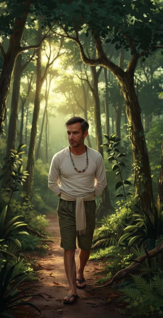 Subject: A middle-aged man walking contemplatively. Subject movement: He strolls slowly along a serene forest path, taking in the peaceful surroundings. Scene: A forest path surrounded by tall trees and lush green foliage, with sunlight filtering through the canopy. Style: Soft, dappled sunlight creating a warm and inviting atmosphere. Motion: Camera follows behind him with a smooth, gliding movement, occasionally panning to show the interplay of light and shadow among the trees.