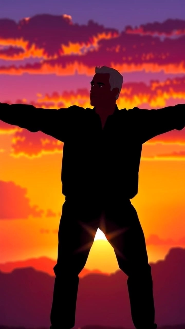 Subject: A silhouette of a person, arms outstretched in a pose that conveys freedom. Scene: Sunset backdrop painting the sky in vibrant hues of orange, pink, and purple, with a serene landscape below. Motion: The camera slowly pushes in on the silhouette against the colorful sunset, capturing the tranquil yet empowering ambiance as the colors shift subtly in the fading light.