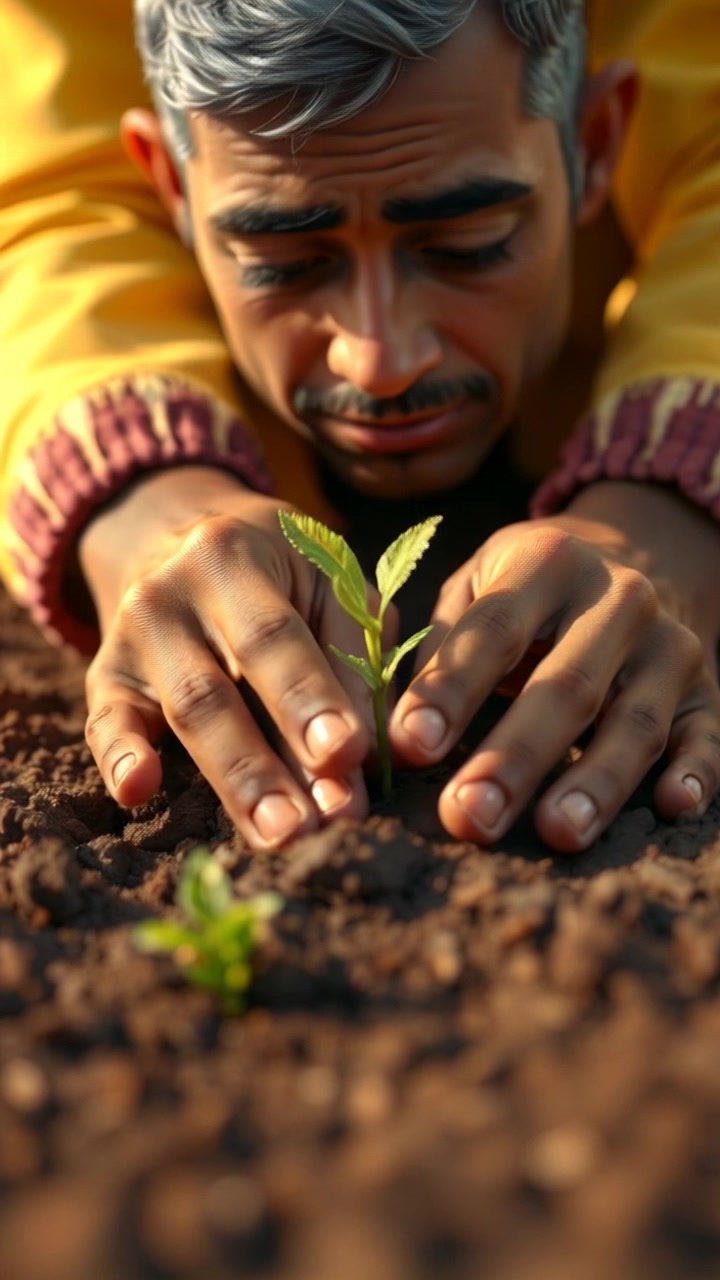 Subject: Hands planting seeds. Subject movement: The hands gently press seeds into the rich, dark soil with purposeful movements. Scene: A close-up view of soil being prepared for planting, surrounded by the softness of the earth. Style: Warm, earthy tones highlighted by soft, diffused lighting that suggests a nurturing atmosphere. Motion: The camera slowly pushes in to focus on the hands as they scatter seeds, then gently pulls back to reveal the surrounding garden environment.