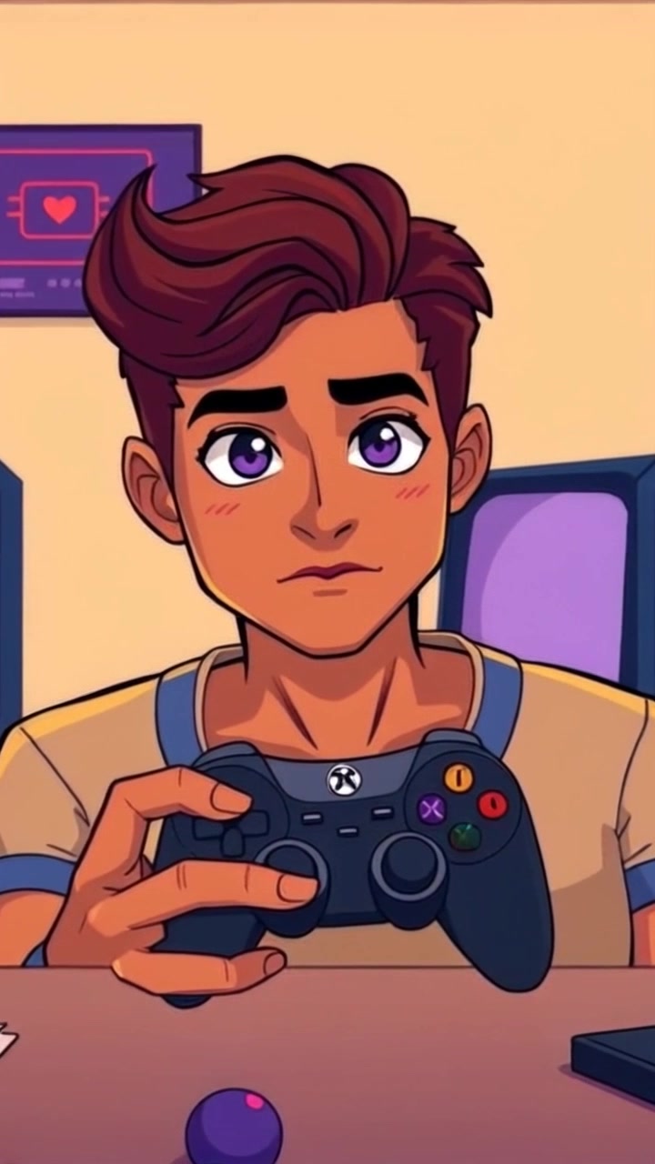 Subject: A focused gamer intensely gripping a controller, determination etched on their face. Subject movement: The gamer leans forward slightly, eyes locked onto the screen, ready for action. Scene: A dimly lit gaming setup filled with glowing monitors and ambient LED lights creating a vibrant backdrop. Style: Cool, moody lighting accented by blue and purple hues, emphasizing the immersive gaming atmosphere. Motion: The camera pushes in closer, capturing a dramatic close-up of the gamer’s concentrated expression, before swiftly pulling back to reveal the dynamic gaming environment.