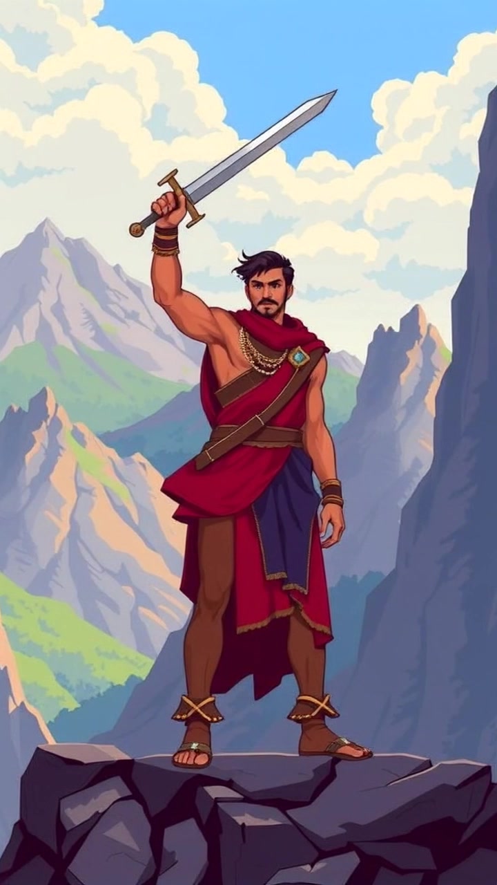 Subject: Arjun standing heroically on a rocky cliff. Subject movement: Arjun raises his sword in triumph, embodying a victorious stance. Scene: A breathtaking mountain landscape stretches below, with rugged peaks and a clear blue sky in the background. Style: Dramatic lighting accentuates the rugged terrain and highlights the contours of the mountains. Motion: Camera begins with a close-up of Arjun as he stands proud, then smoothly pulls back, revealing the expansive view of the majestic landscape beneath him.
