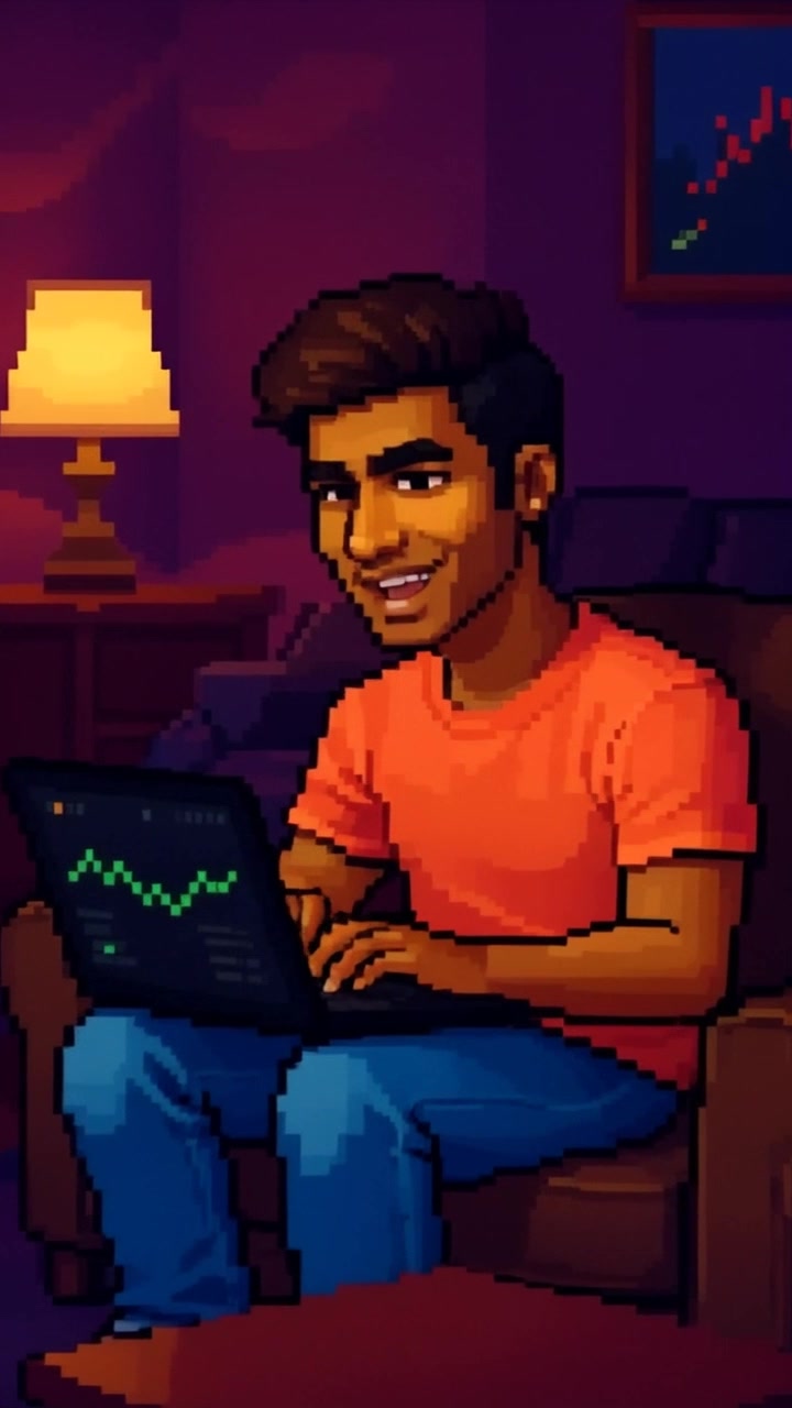 Scene: A close-up of hands typing rapidly on a laptop, financial charts displayed on the screen. Style: Soft ambient lighting creating a focused atmosphere. Motion: The camera slowly pushes in on the laptop screen, emphasizing the charts as the fingers move energetically across the keyboard, producing a sense of urgency and focus.