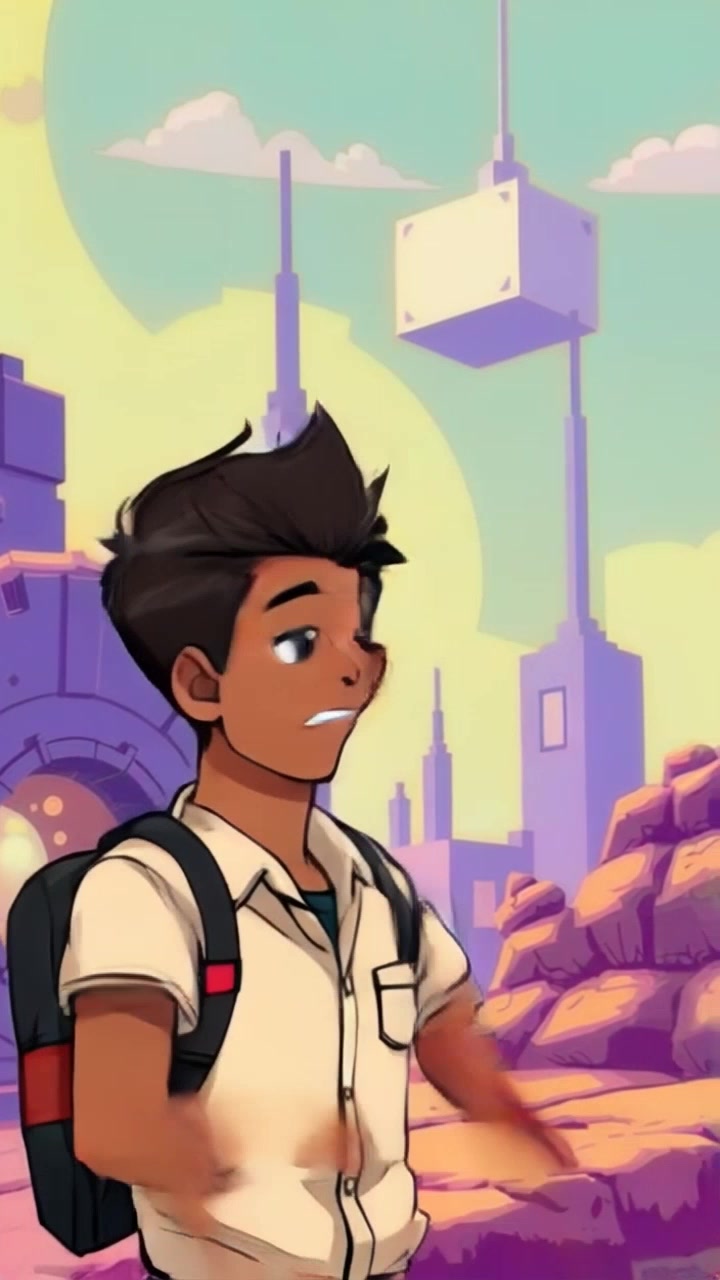 Subject: Arjun with a surprised expression in a pixelated world. Subject movement: Arjun stands still, pointing animatedly at the blocky structures in the distance. Scene: A vibrant pixelated landscape filled with colorful geometric structures and a bright blue sky above. Style: Dynamic lighting that enhances the pixelation effect, creating a whimsical atmosphere. Motion: Camera slowly zooms in on Arjun as he gestures towards the structures, with a slight tilt-up to reveal more of the surreal environment.