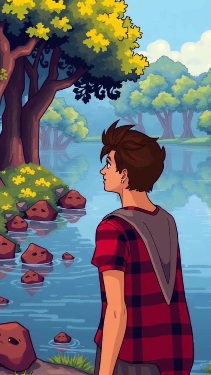 Subject: A person standing by a river, gazing contemplatively at the flowing water. Subject movement: The figure remains still, absorbed in the tranquility of the scene. Scene: A serene riverbank surrounded by lush trees, with gentle ripples in the water reflecting dappled sunlight. Style: Warm, afternoon light filtering through the canopy, creating a peaceful and inviting atmosphere. Motion: Camera slowly pushes in toward the subject, capturing the soft sound of the flowing river and the rustle of leaves in the breeze.