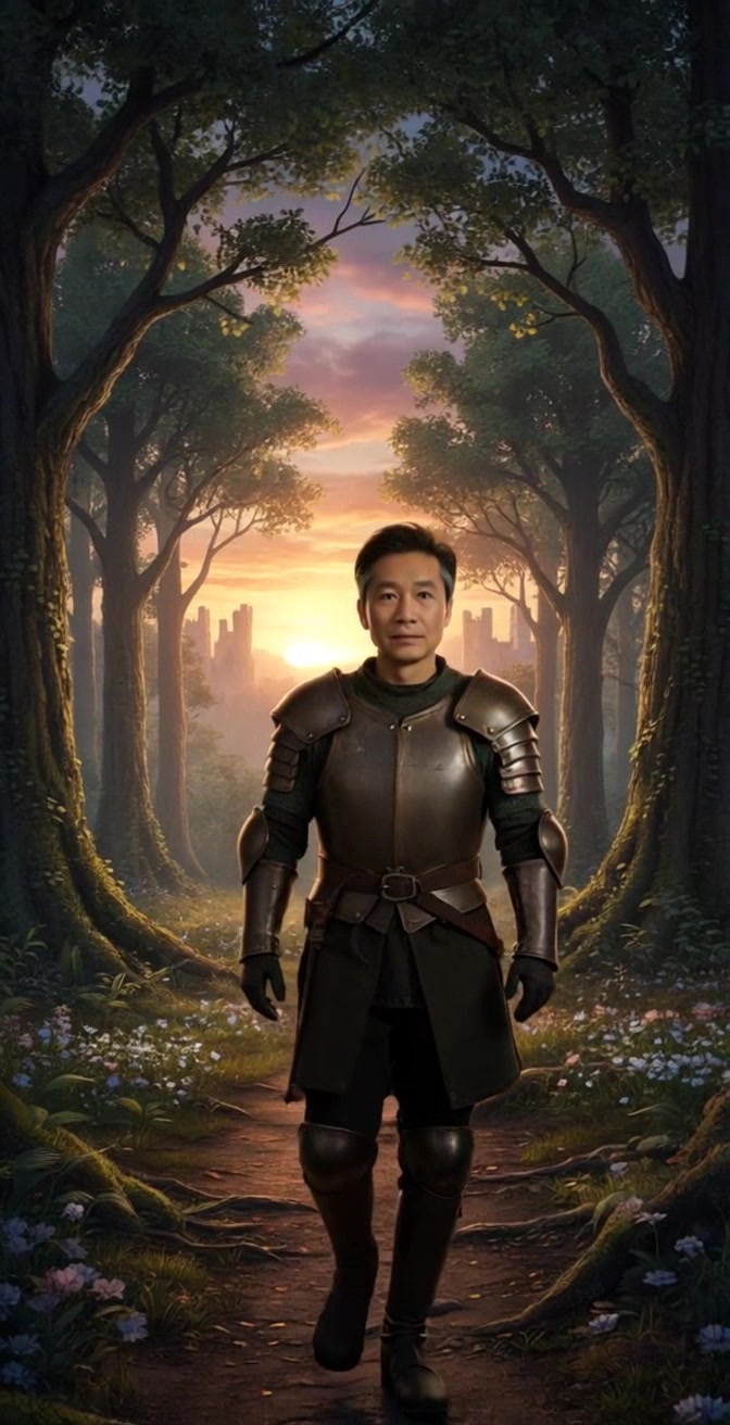 Subject: A middle-aged man in medieval armor. Subject movement: He strides purposefully along a winding forest path, his armor glinting in the fading sunlight. Scene: A serene forest at sunset, with tall trees lining the pathway and a distant castle silhouetted against the vibrant sky. Style: Golden-hour lighting creates a warm, inviting atmosphere with a peaceful ambiance. Motion: The camera follows closely behind the man, smoothly panning to capture his determined expression and the majestic view of the castle as he approaches.