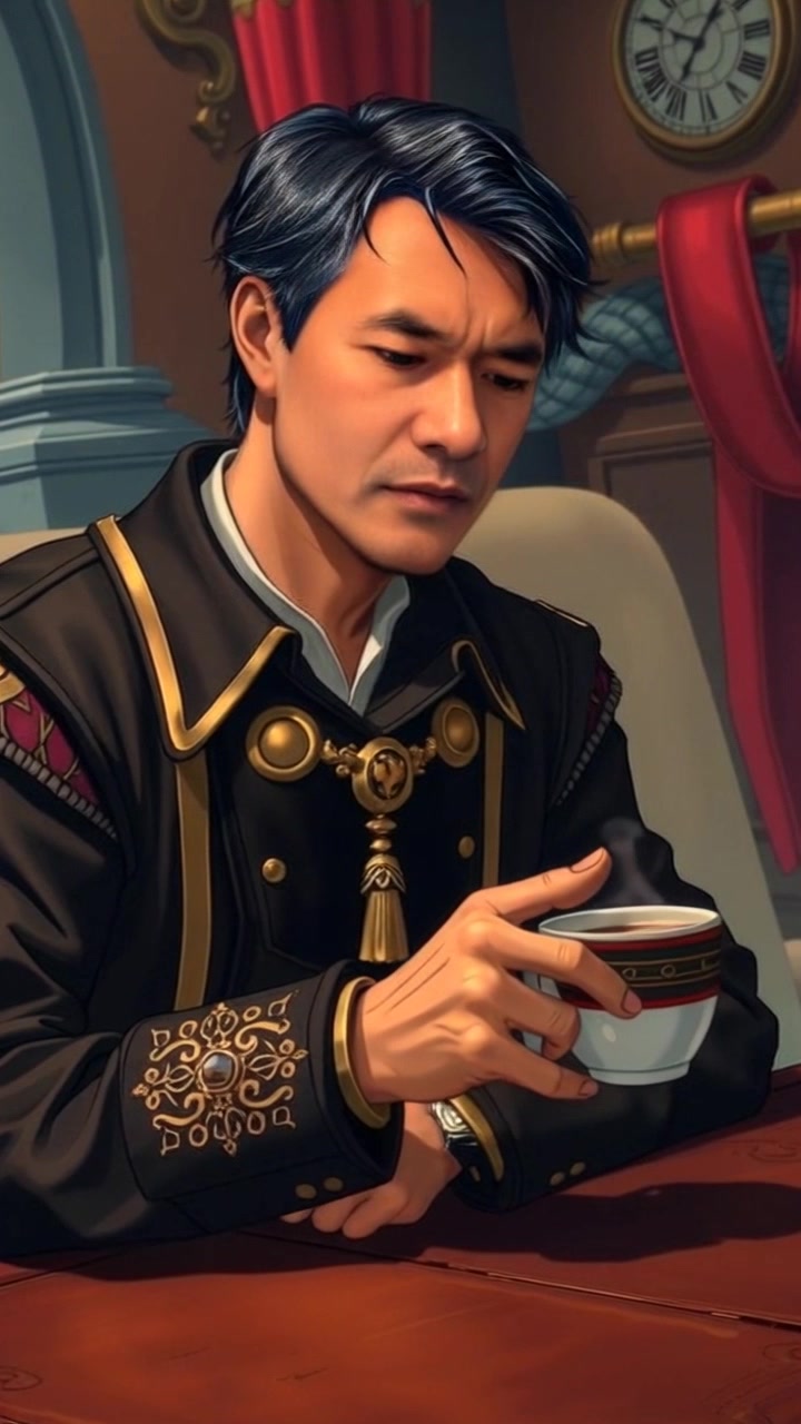 Subject: A person sitting alone at a table, appearing contemplative, coffee cup held gently in hand. Subject movement: The person takes a slow sip of coffee, their gaze drifting off thoughtfully. Scene: Cozy café atmosphere, with soft wooden furniture and ambient chatter in the background. Style: Warm, inviting lighting that creates a relaxed ambiance. Motion: Camera slowly pushes in on the subject, capturing the moment of reflection, with a gentle focus on the steam rising from the coffee.