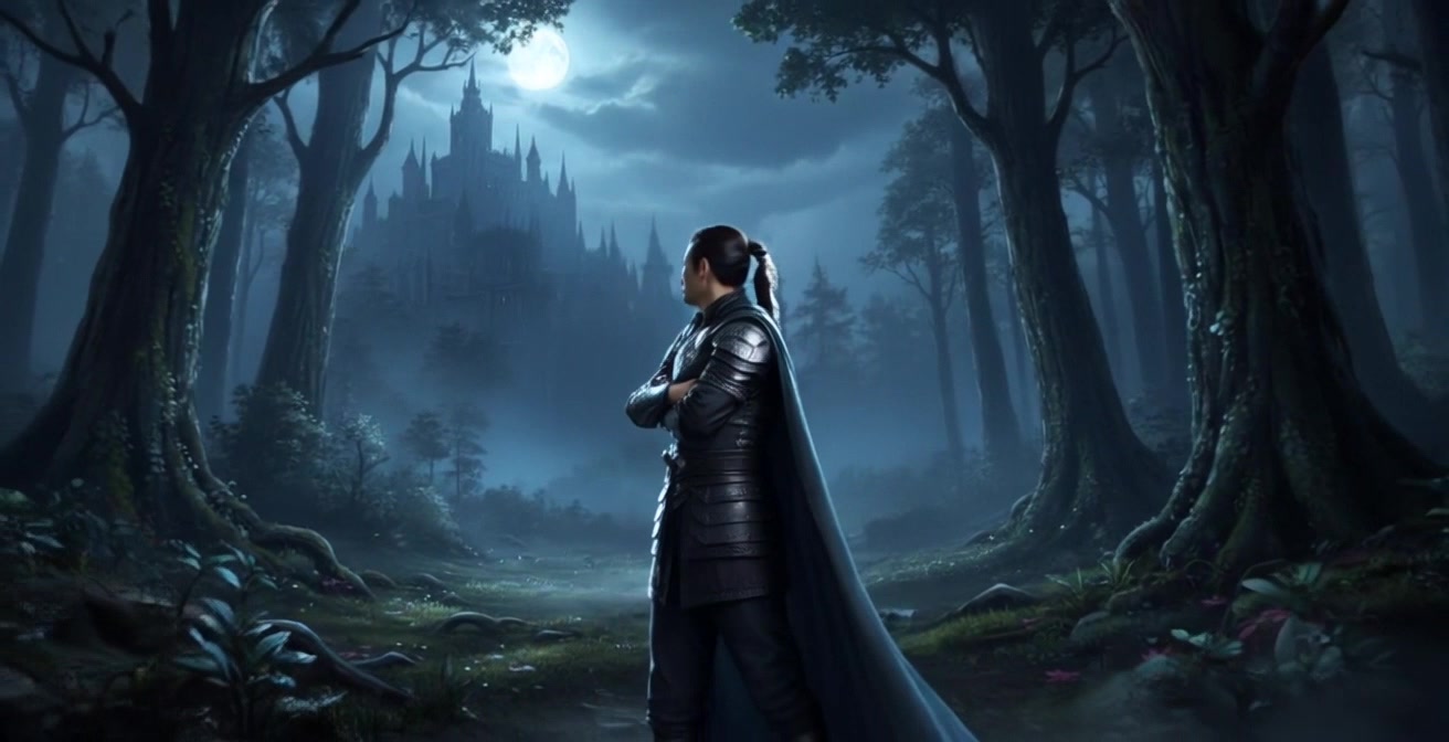 Subject: A middle-aged man in elaborate black medieval armor and a cape stands confidently amidst a dark, misty forest at night. Subject movement: He slowly turns his head, surveying his surroundings, as the eerie mist swirls around him. Scene: A dark, misty forest with a glowing full moon illuminating the backdrop, revealing a large gothic castle silhouetted against the night sky. Style: Soft, moonlit lighting casts a mystical glow, enhancing the shadows and textures of the forest. Motion: The camera begins with a close-up on the man's determined expression before smoothly pulling back to reveal the menacing castle and the engulfing mist surrounding the forest.