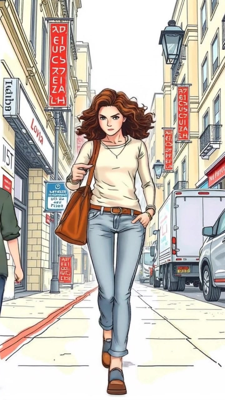 Subject: A determined Maya walking confidently down a bustling street. Subject movement: The Maya walks steadily, weaving through the crowd with purpose. Scene: A vibrant urban street filled with people, shops, and cafes, bustling with energy. Style: Morning light casts a warm glow on the scene, emphasizing the lively atmosphere. Motion: Camera follows the Maya with a smooth tracking shot, capturing the dynamic movement of the crowd around her.
