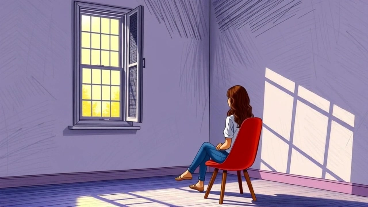 Scene: A dimly lit room with a single window, where Maya sits contemplatively on a chair, gazing out at the world beyond. Style: Soft, ambient light filtering through the window, creating gentle shadows that accentuate the room's cozy yet somber atmosphere. Motion: The camera slowly pushes in from the doorway, capturing Maya's serene expression and the play of light across the room.