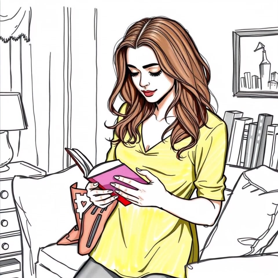 Subject: Maya, a young woman, seated on a cozy couch, deeply immersed in a book. Subject Movement: As she turns a page, a gentle shift in her posture reveals her contemplative mood. Scene: A warm, inviting living room filled with soft furnishings and personal touches, light streaming in through a nearby window. Style: Soft, ambient lighting that creates a relaxed atmosphere. Motion: A smooth dolly in towards Maya, capturing the warmth of the room and her thoughtful expression as she loses herself in her reading.