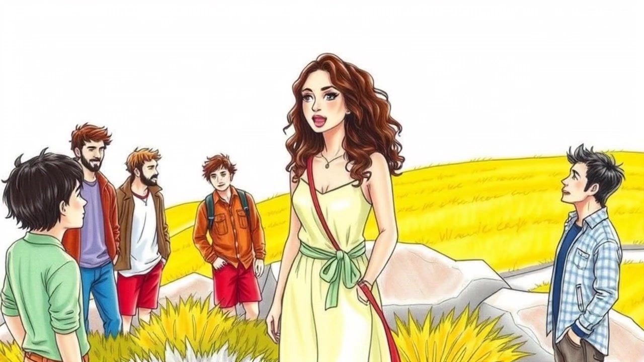 Subject: Maya standing confidently on a hilltop, surrounded by a group of admiring young men. Subject movement: Maya gestures gracefully, her hair flowing in the wind, while the young men lean in closer, captivated by her presence. Scene: Hilltop setting with a panoramic view of a vibrant landscape beneath a clear blue sky. Style: Bright, warm sunlight accentuating the lively atmosphere, creating a sense of admiration and energy. Motion: Camera pans smoothly around the group, capturing the dynamic interplay of Maya's gestures and the men's enthralled expressions.