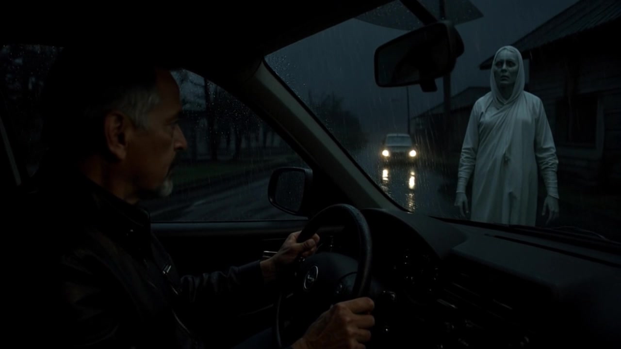 Subject: A middle-aged man inside a car at night. Subject movement: The man turns his head slowly to gaze at a ghostly figure outside in the rain. Scene: Inside a dimly lit car with raindrops streaming down the windows, creating a moody atmosphere, while a spectral figure in white stands on the road, partially illuminated by the car's headlights. Style: Soft, diffused lighting contrasting the stark brightness of the headlights, with hints of blue tones reflecting off the rain-soaked surfaces. Motion: A dramatic panning shot captures the man's serious expression and the ghostly figure beyond the rain-streaked glass, creating an unsettling tension in the scene.