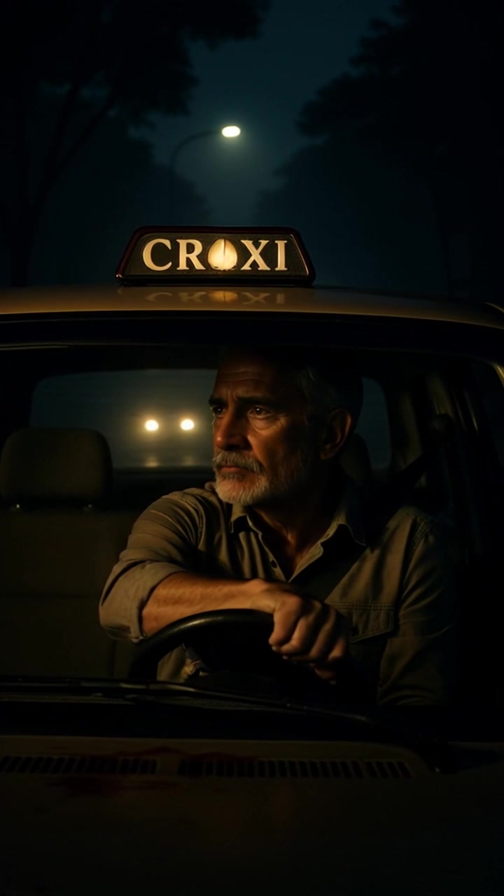 Subject: An older man with gray hair and a beard driving a taxi at night. Subject movement: He turns the steering wheel sharply, focused on the road ahead as the car navigates through the urban landscape. Scene: A dimly lit street under a streetlight, with the silhouettes of buildings forming a backdrop and the headlights of another vehicle illuminating the scene. Style: A moody, nighttime atmosphere accentuated by the warm glow of the streetlamp contrasting with the cool darkness surrounding the taxi. Motion: The camera moves in smoothly from a distant view, capturing the taxi's dynamic movement down the street, while subtly panning to reveal the intensity on the driver's face.