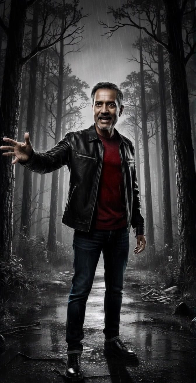 Subject: A middle-aged man in a black leather jacket and red shirt. Subject movement: He stands confidently in a dark, rainy forest, extending one hand forward. Scene: The rain-soaked forest features bare trees shrouded in mist, creating a hauntingly beautiful atmosphere. Lighting: Dim and moody, with raindrops glistening in the subdued light. Motion: Camera slowly dolly in towards the man as he extends his hand, capturing the tension in his expression and the surrounding gloom.