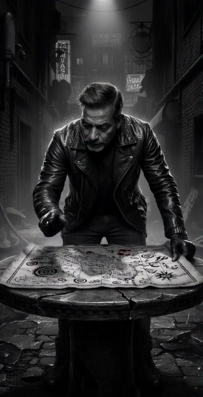 Subject: A middle-aged man examining a detailed map intently. Subject movement: He leans forward, gesturing emphatically as he discusses a plan. Scene: A dark, rainy alley, illuminated by dim, ominous lighting, with the man standing over a round wooden table. Motion: The camera pushes in closer, capturing the man's focused expression as raindrops trickle down nearby surfaces, enhancing the moody atmosphere.