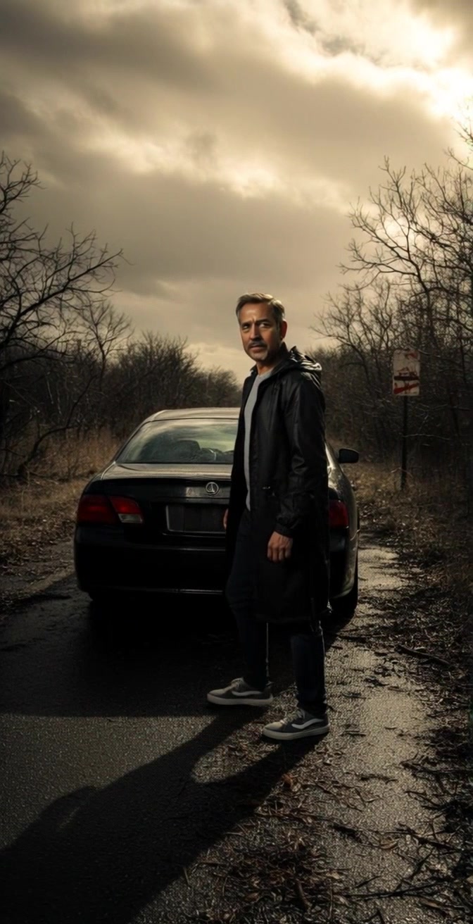 Subject: A middle-aged man in a black coat and sneakers. Subject movement: The man takes a few slow steps along the wet road beside his black car, glancing up at the cloudy sky. Scene: Rain-drenched road bordered by bare trees under a moody, overcast atmosphere. Style: Soft, diffused lighting creating a reflective sheen on the road, enhancing the somber tone. Motion: Camera pans slowly to follow the man's movements, capturing the desolate beauty of the scene.