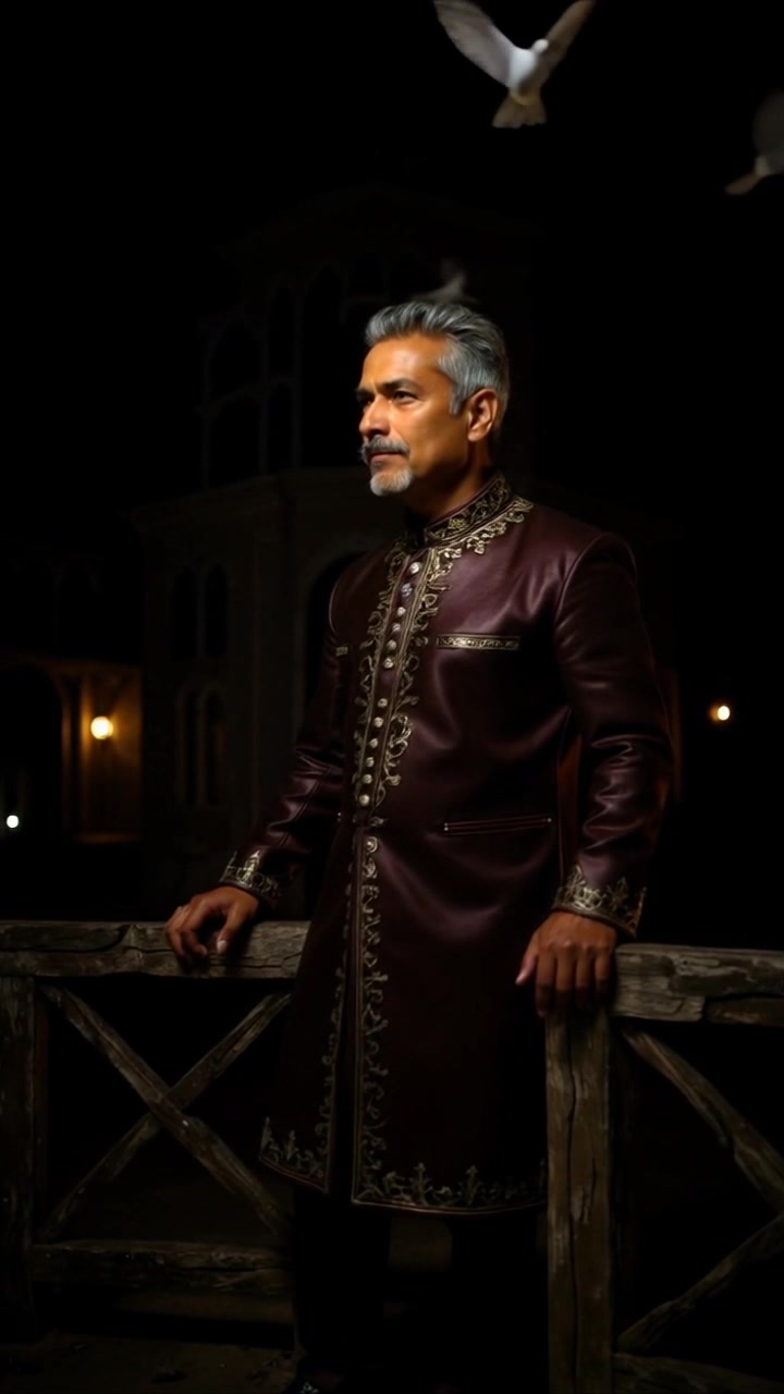 Subject: A distinguished middle-aged man with gray hair and a beard, standing solemnly at night. Subject movement: He leans slightly with a contemplative expression, as the camera slowly revolves around him, capturing the doves flying in the background. Scene: A rustic setting at night with a wooden railing, illuminated by soft moonlight, creating a solemn and reflective ambiance. Style: Warm ambient lighting highlights the intricate details of his ornate dark maroon coat with gold embroidery. Motion: The camera gently push in towards the man's solemn face, contrasting against the graceful flight of the white doves in the fading light.