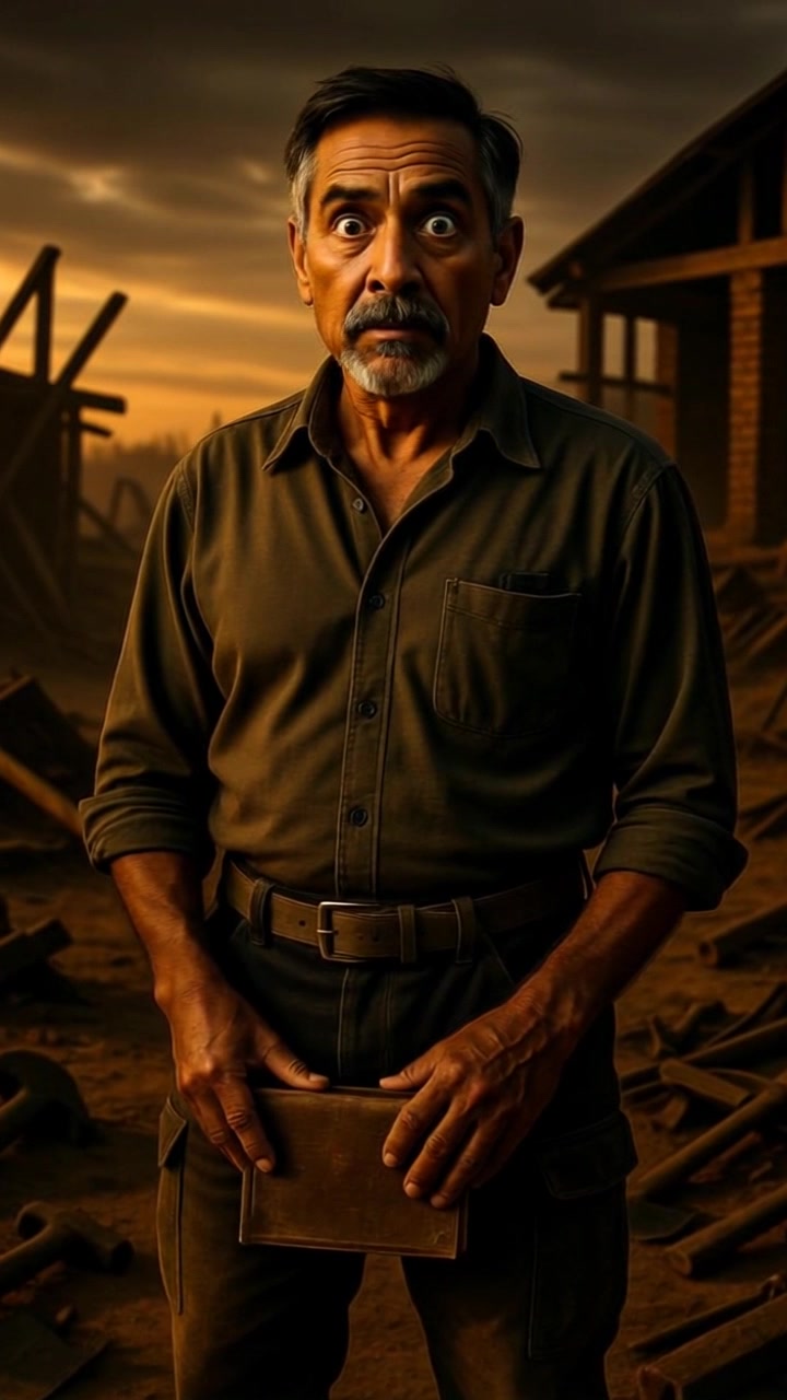 Subject: A middle-aged man stands in a rustic outdoor setting at dusk, holding a closed book with a shocked expression. Scene: Dimly lit surroundings filled with wooden debris, creating a mysterious atmosphere. Motion: The camera slowly pushes in towards the man, capturing the intensity of his expression as the shadows deepen around him. Lighting: Soft, ambient dusk light enhances the mood, while dramatic contrasts highlight the textures of the wood debris.