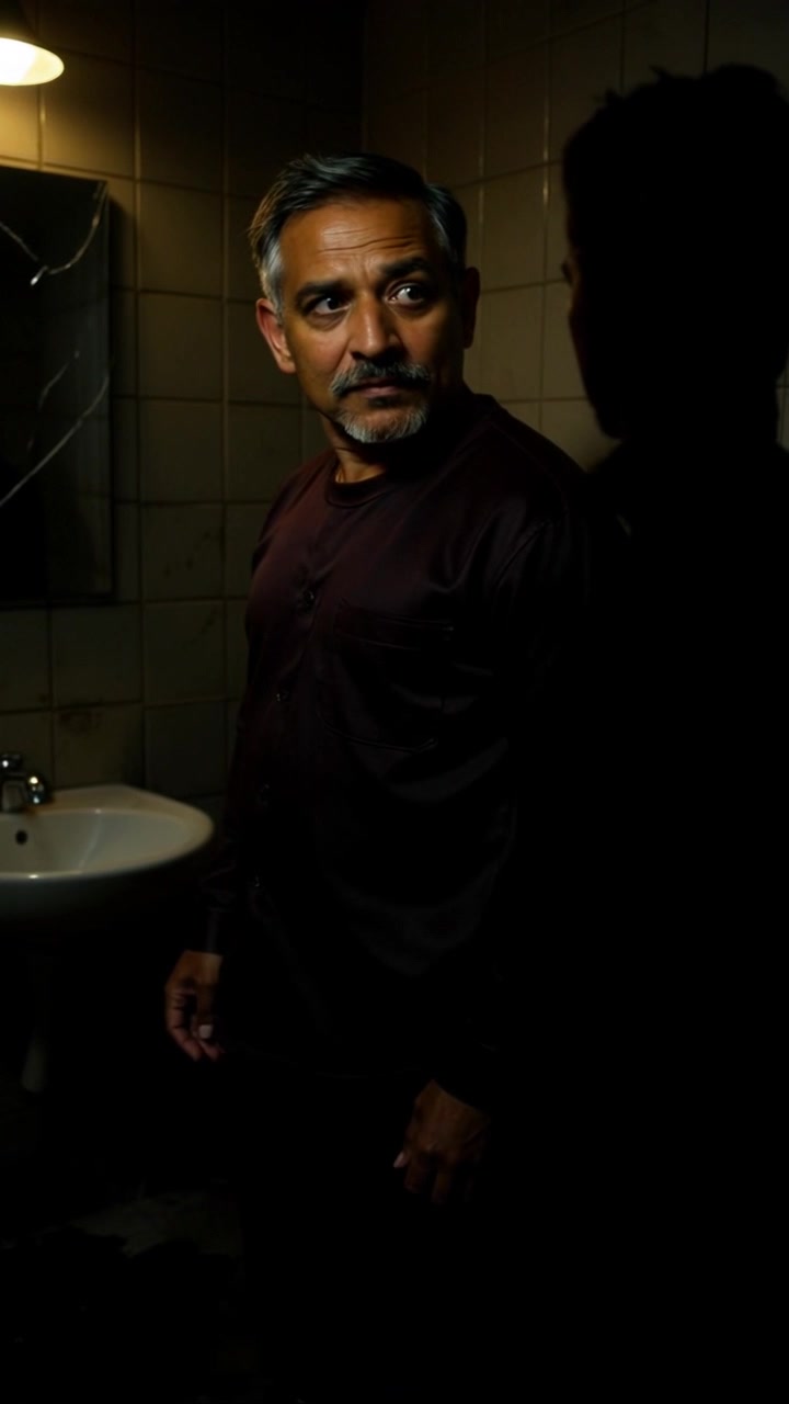 Subject: A middle-aged man with salt-and-pepper hair and a mustache. Subject movement: He turns slowly to look at his reflection in the cracked mirror. Scene: A dimly lit tiled room featuring a white sink and shadows playing against the walls. Style: Ambient lighting creating a moody atmosphere, with soft contrasts enhancing the texture of the tiles. Motion: The camera performs a slow push in towards the man's silhouette, capturing the tension in the air as he contemplates his reflection.