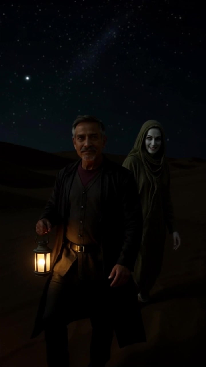Subject: A middle-aged man holding a lantern, positioned in a dark desert under a starry sky. Subject movement: The man slowly turns to the side, illuminating the pale, hooded figure smiling behind him. Scene: An expansive desert at night, with shimmering stars stretching across the sky, contrasted against the dark terrain. Style: Soft moonlight creating an ethereal glow around the lantern and hooded figure, enhancing the mysterious atmosphere. Motion: Begin with a close-up on the man's face as he turns, then smoothly pull back to reveal the vast desert landscape and the enigmatic figure in the background.
