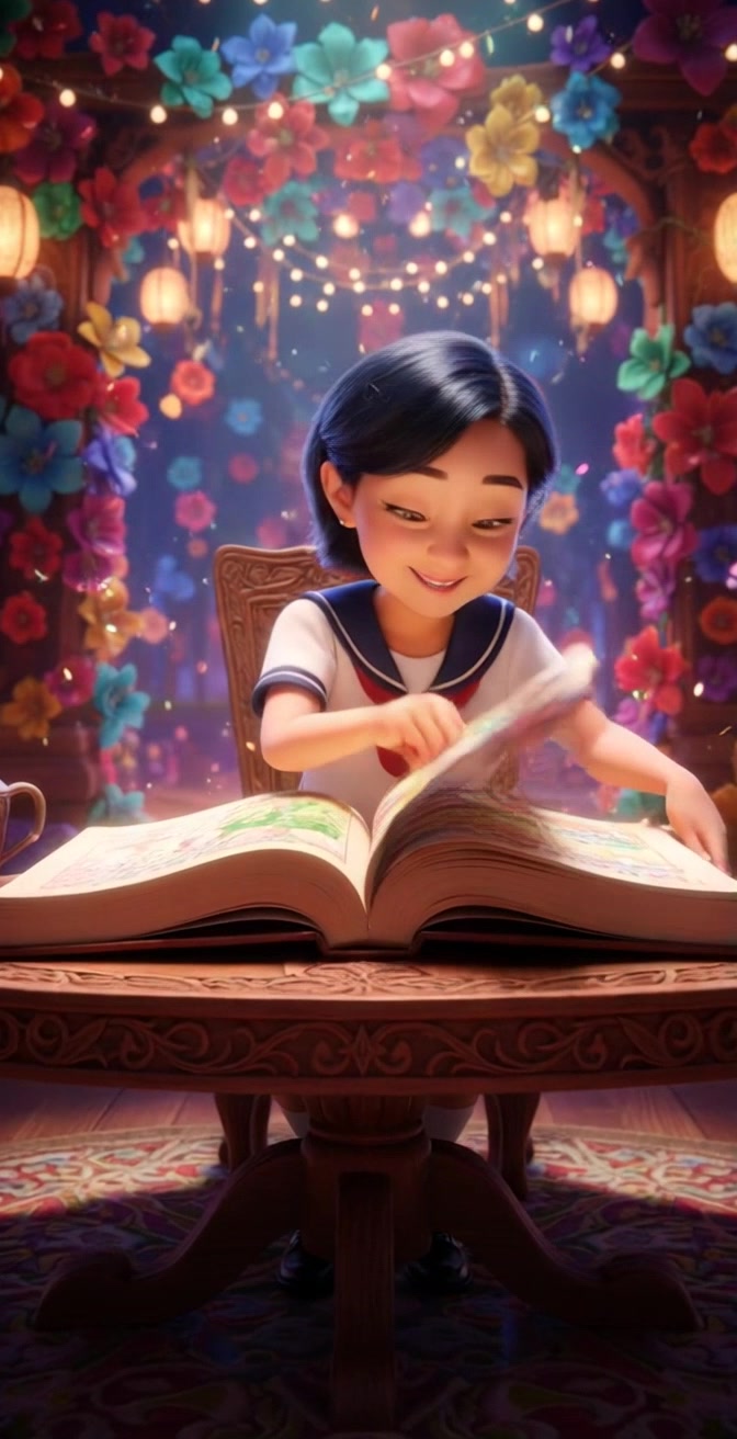 Subject: A young girl with short dark hair in a sailor-style outfit excitedly reads a large open book at a wooden table. Subject movement: She gestures animatedly as she flips through the pages, her face illuminated with delight. Scene: Surrounded by glowing lanterns and colorful flowers, the setting comes alive with festive string lights, creating a magical atmosphere. Style: Warm, inviting ambient lighting fills the scene. Motion: The camera does a slow zoom in on her joyful expression, transitioning to a close-up of the book's colorful illustrations, with slight bokeh on the shimmering lanterns in the background.