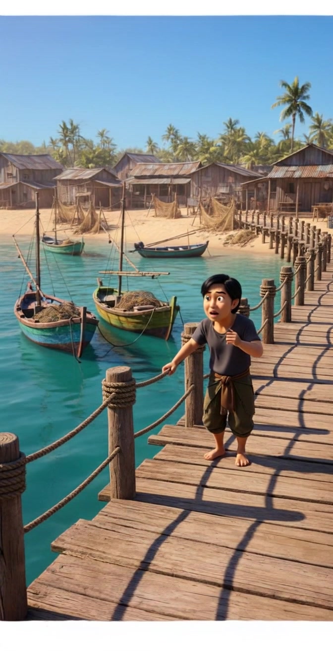 Subject: A barefoot animated boy standing on a wooden pier by the water, looking surprised. Scene: The boy gazes alarmed at the shimmering water, with fishing boats and rustic houses dotting the sandy shore in the background. Style: Soft, ambient lighting creates a serene atmosphere as the sun sets on the horizon. Motion: The camera begins with a close-up on the boy's expression, then smoothly tracks outward to reveal the pier and surrounding scenery, enhancing the sense of wonder.